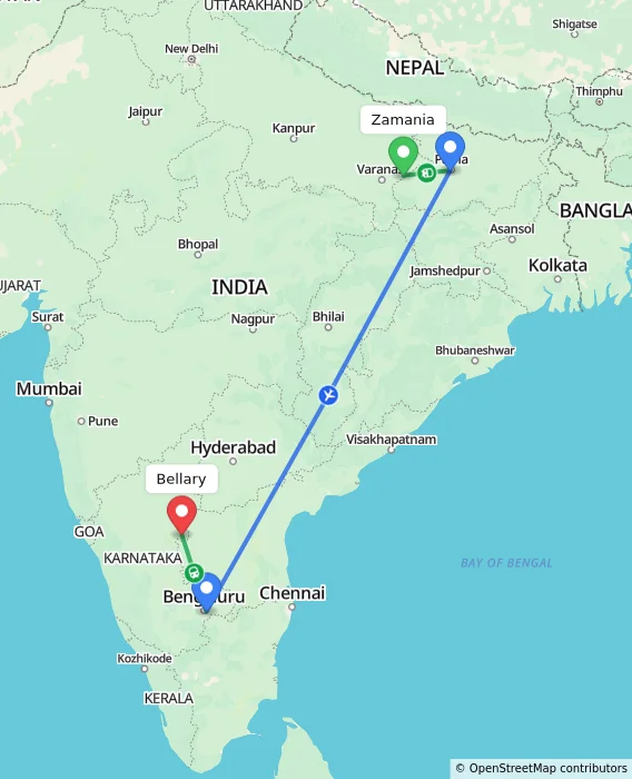 Route map showing distance and travel time from Zamania, India to Bellary, India