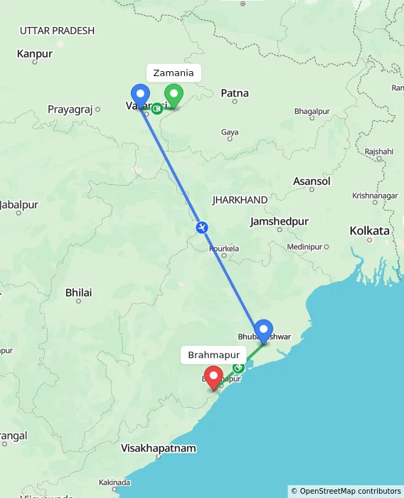 Route map showing distance and travel time from Zamania, India to Brahmapur, India
