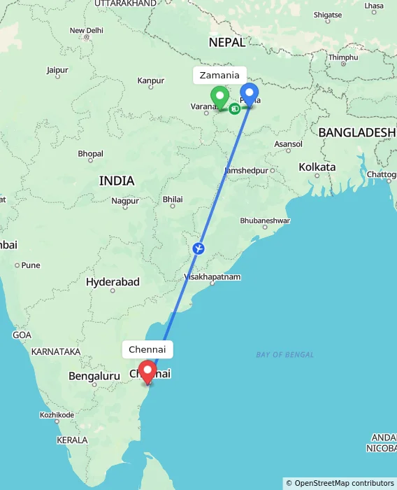 Route map showing distance and travel time from Zamania, India to Chennai, India
