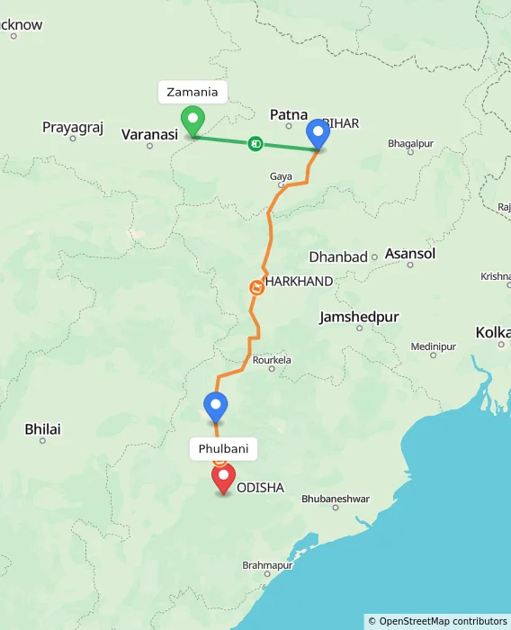 Route map showing distance and travel time from Zamania, India to Phulbani, India