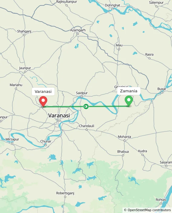 Route map showing distance and travel time from Zamania, India to Varanasi, India