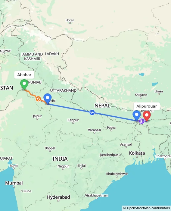 Route map showing distance and travel time from Abohar, India to Alipurduar, India