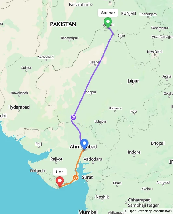 Route map showing distance and travel time from Abohar, India to Una, India