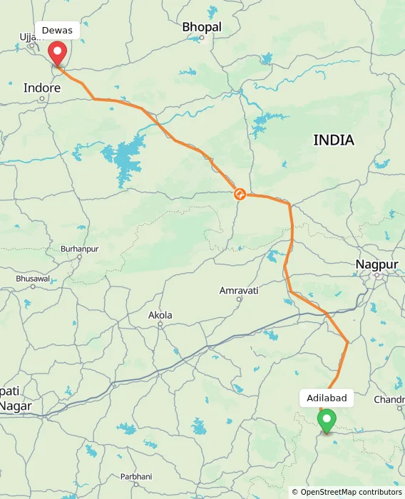 Route map showing distance and travel time from Adilabad, India to Dewas, India