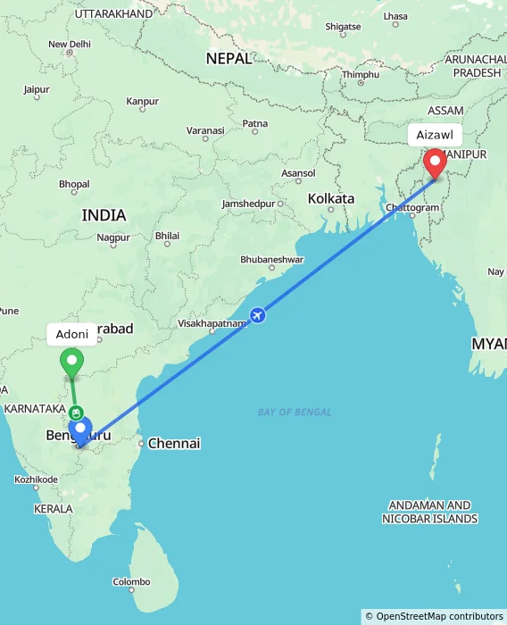 Route map showing distance and travel time from Adoni, India to Aizawl, India