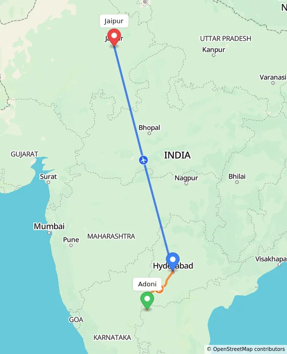 Route map showing distance and travel time from Adoni, India to Jaipur, India