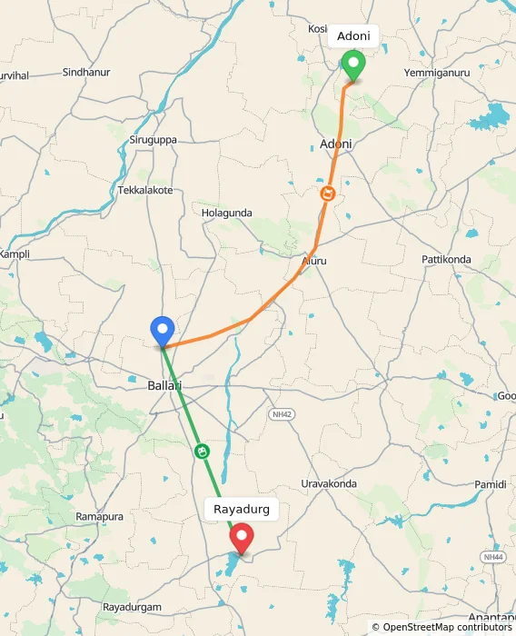 Route map showing distance and travel time from Adoni, India to Rayadurg, India