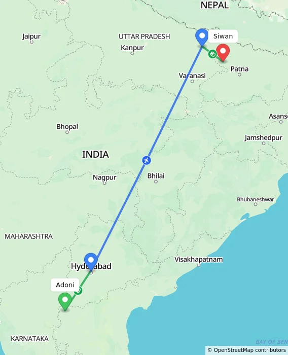 Route map showing distance and travel time from Adoni, India to Siwan, India