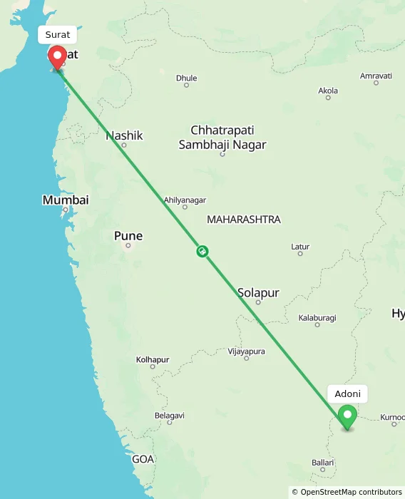 Route map showing distance and travel time from Adoni, India to Surat, India