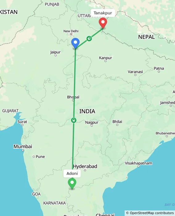 Route map showing distance and travel time from Adoni, India to Tanakpur, India
