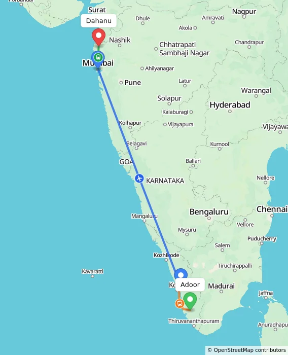 Route map showing distance and travel time from Adoor, India to Dahanu, India