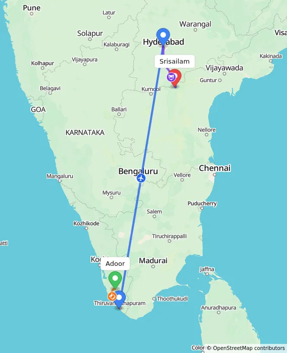 Route map showing distance and travel time from Adoor, India to Srisailam, India