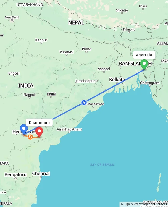 Route map showing distance and travel time from Agartala, India to Khammam, India