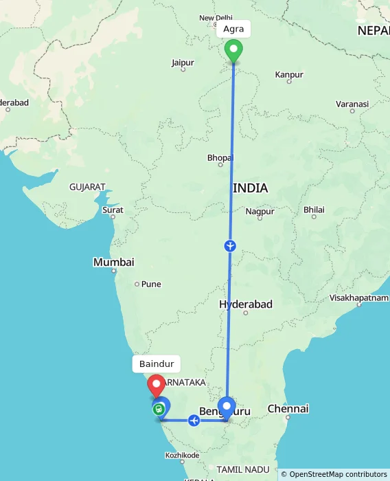 Route map showing distance and travel time from Agra, India to Baindur, India