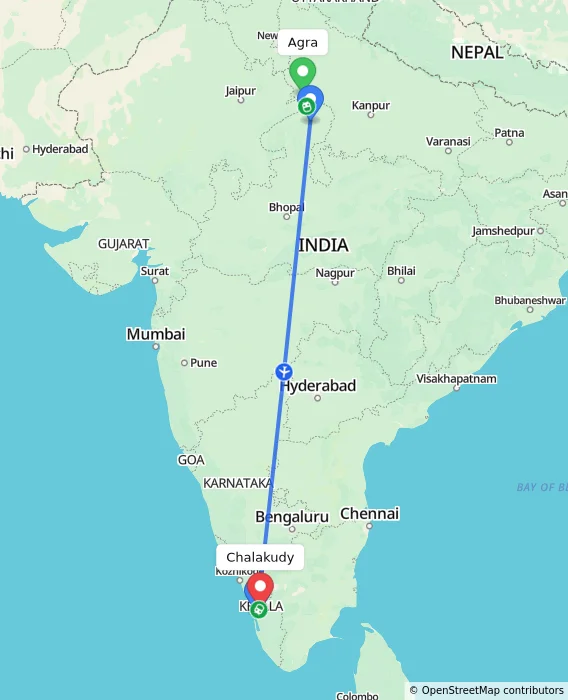Route map showing distance and travel time from Agra, India to Chalakudy, India
