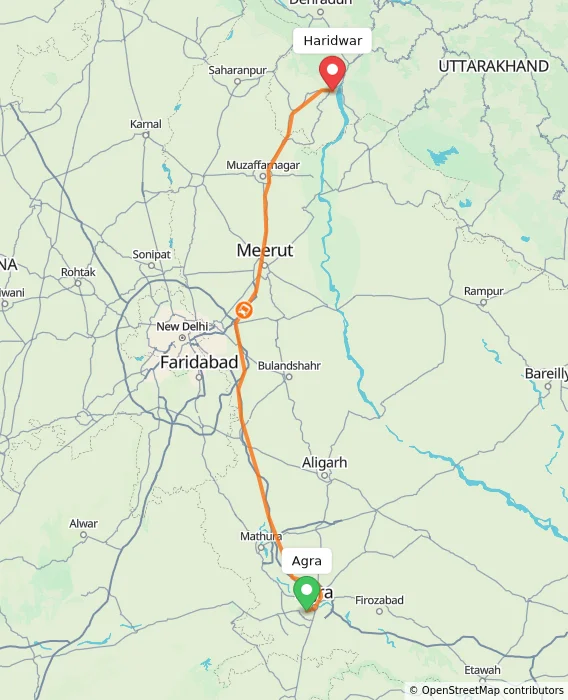 Route map showing distance and travel time from Agra, India to Haridwar, India