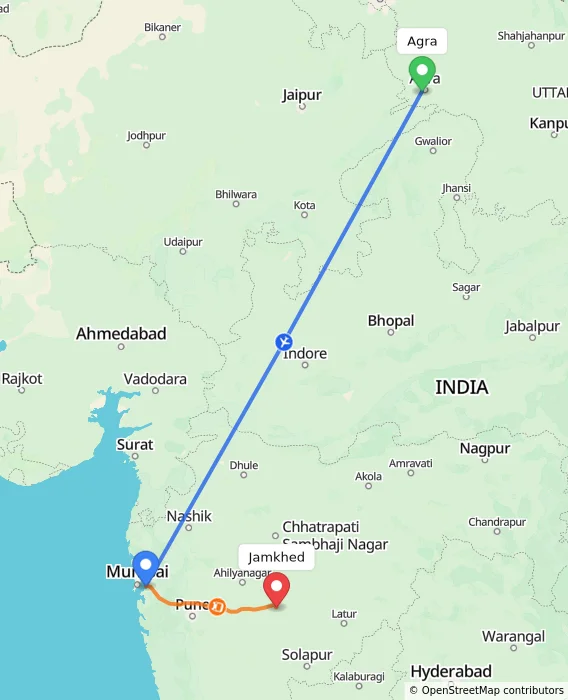 Route map showing distance and travel time from Agra, India to Jamkhed, India