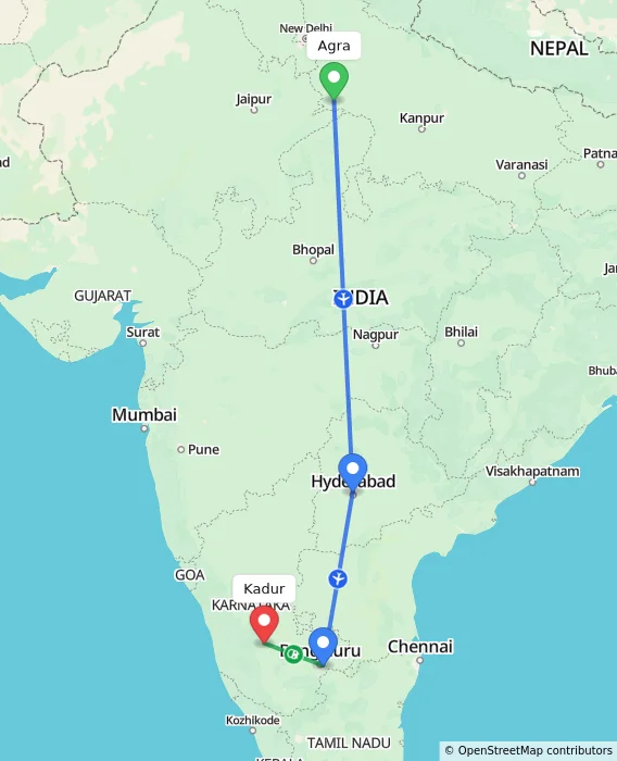 Route map showing distance and travel time from Agra, India to Kadur, India