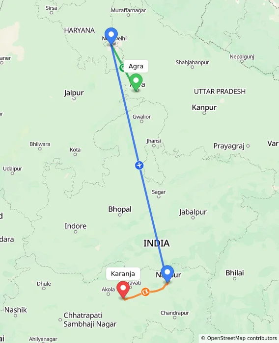 Route map showing distance and travel time from Agra, India to Karanja, India