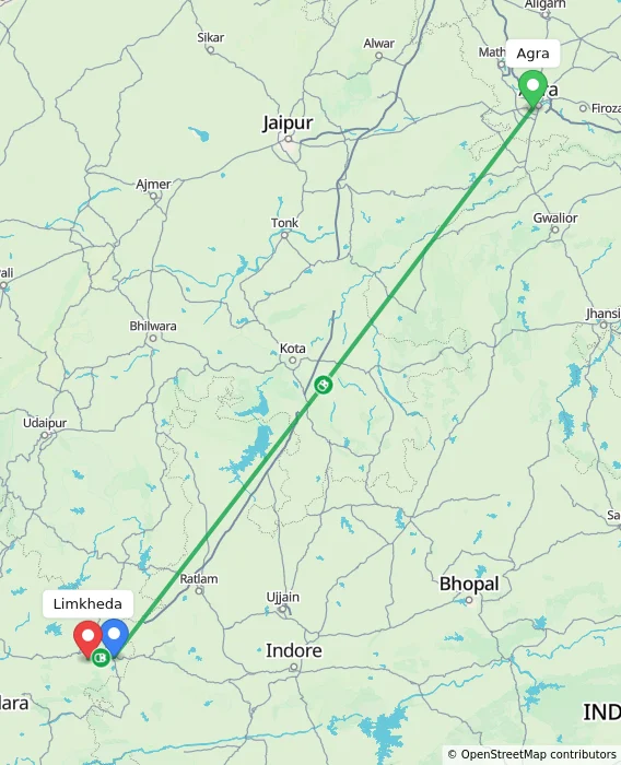 Route map showing distance and travel time from Agra, India to Limkheda, India