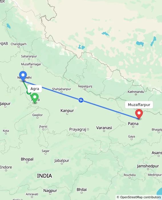 Route map showing distance and travel time from Agra, India to Muzaffarpur, India