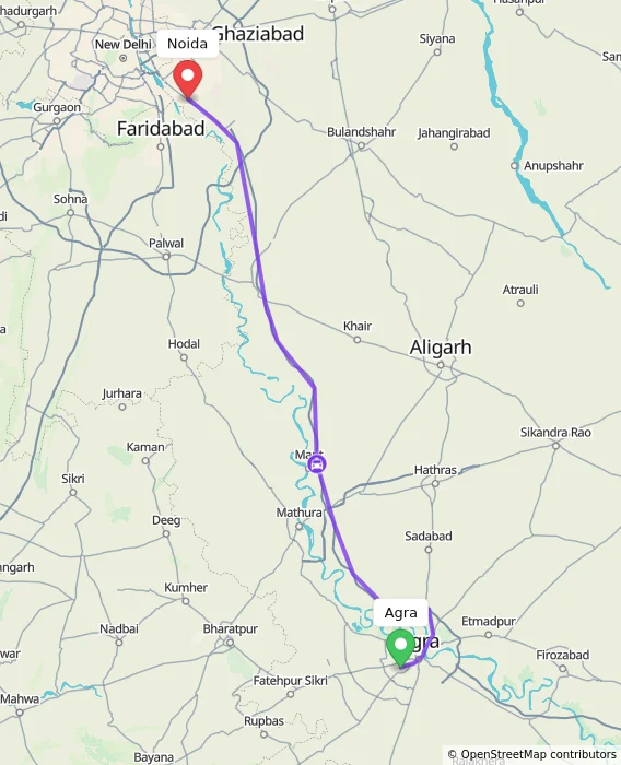 Route map showing distance and travel time from Agra, India to Noida, India