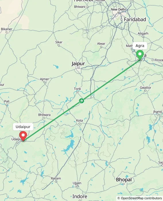 Route map showing distance and travel time from Agra, India to Udaipur, India