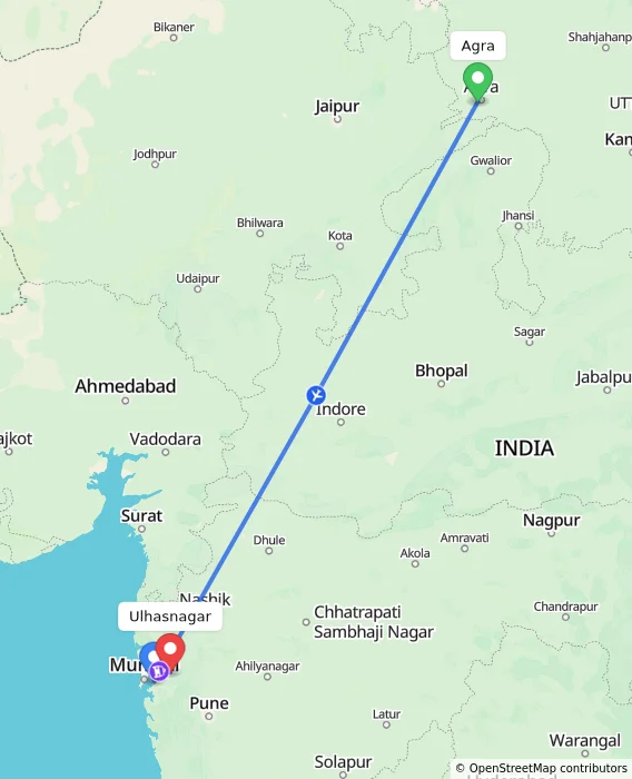 Route map showing distance and travel time from Agra, India to Ulhasnagar, India