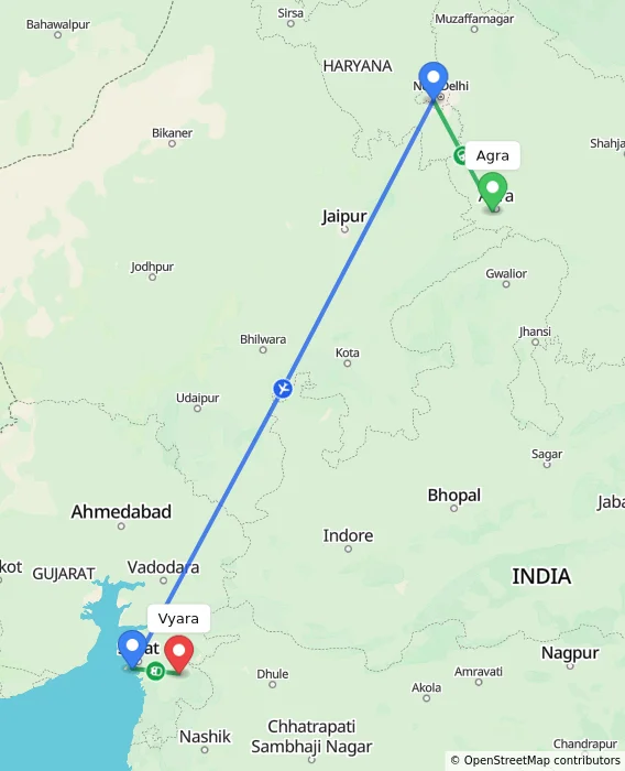 Route map showing distance and travel time from Agra, India to Vyara, India