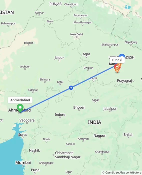 Route map showing distance and travel time from Ahmedabad, India to Bindki, India
