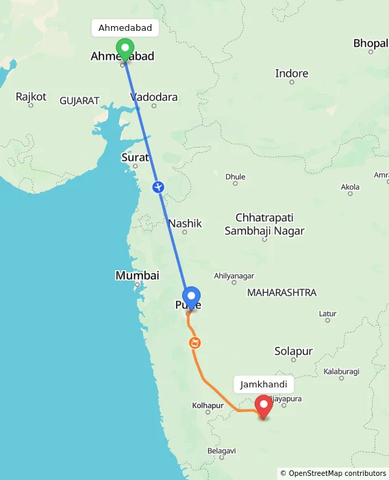 Route map showing distance and travel time from Ahmedabad, India to Jamkhandi, India