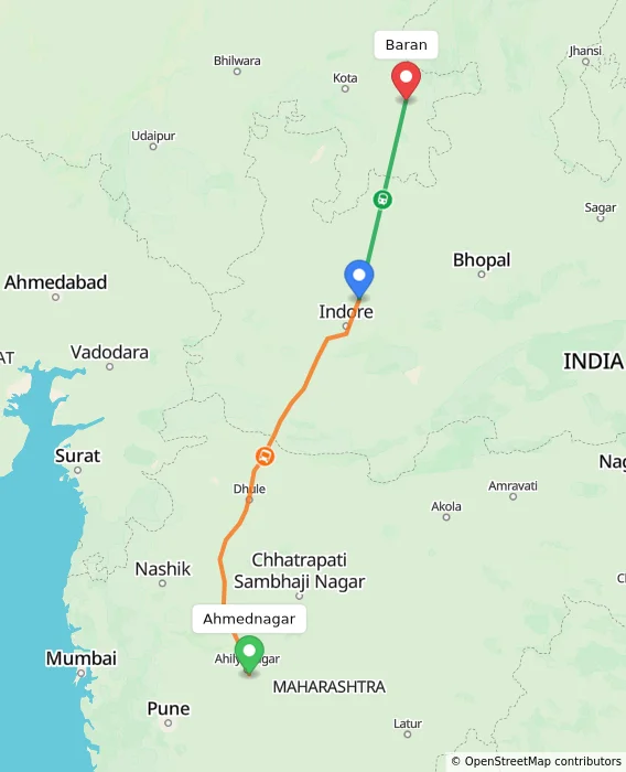 Route map showing distance and travel time from Ahmednagar, India to Baran, India
