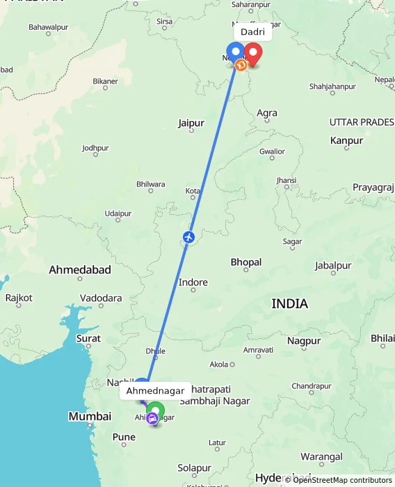 Route map showing distance and travel time from Ahmednagar, India to Dadri, India