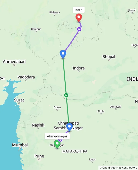 Route map showing distance and travel time from Ahmednagar, India to Kota, India