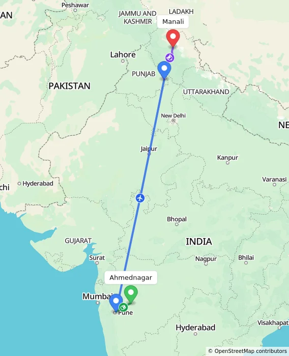 Route map showing distance and travel time from Ahmednagar, India to Manali, India