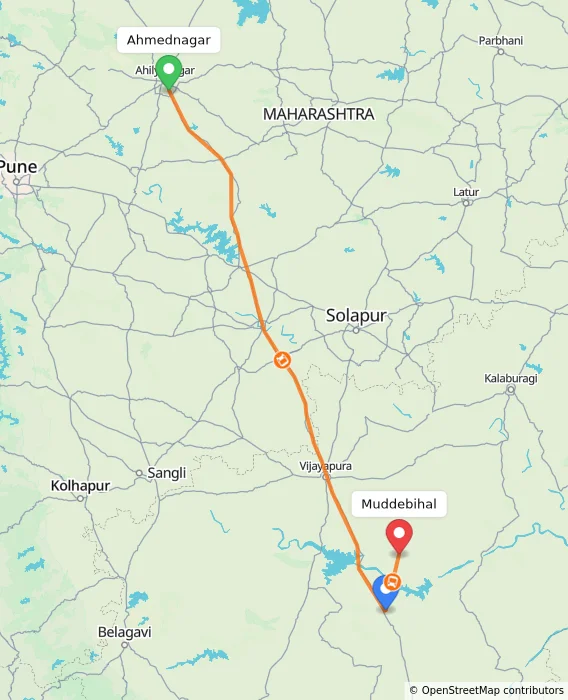 Route map showing distance and travel time from Ahmednagar, India to Muddebihal, India
