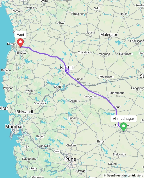 Route map showing distance and travel time from Ahmednagar, India to Vapi, India