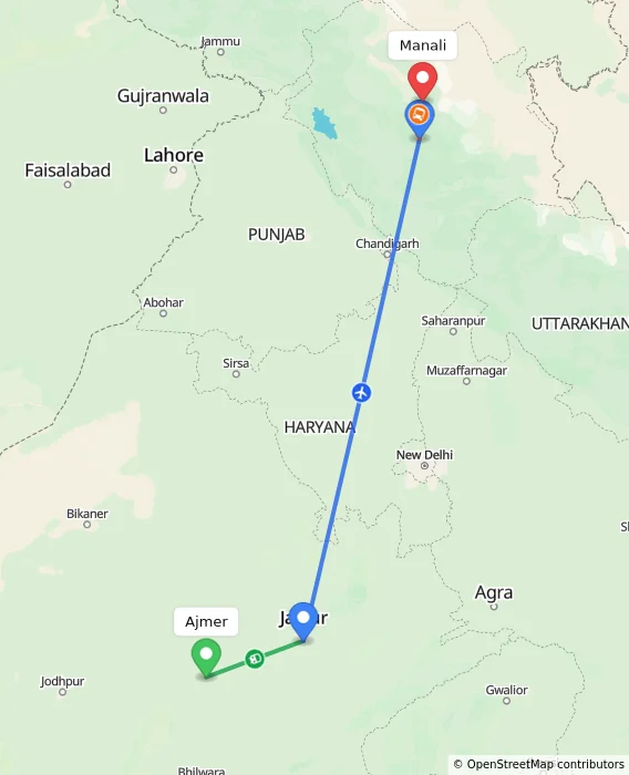 Route map showing distance and travel time from Ajmer, India to Manali, India