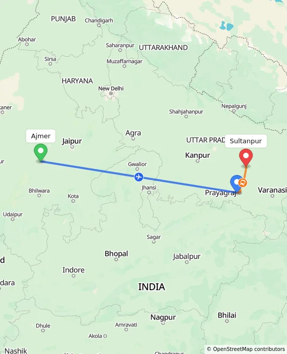 Route map showing distance and travel time from Ajmer, India to Sultanpur, India