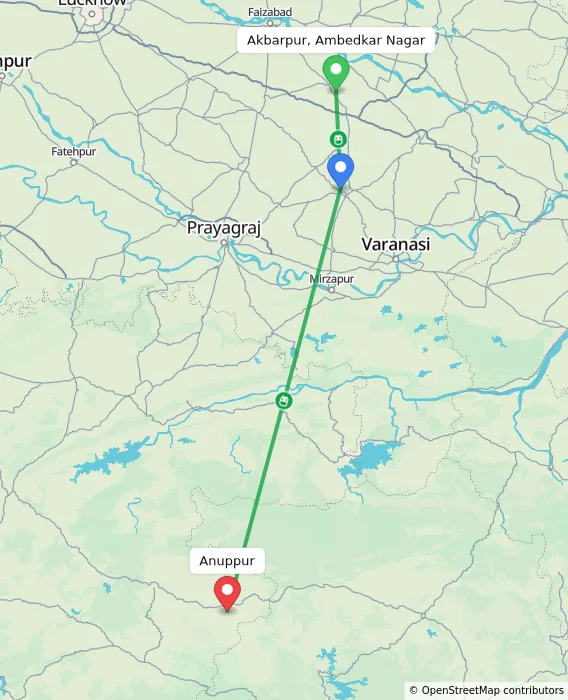 Route map showing distance and travel time from Akbarpur, Ambedkar Nagar, India to Anuppur, India