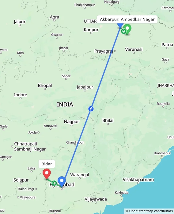 Route map showing distance and travel time from Akbarpur, Ambedkar Nagar, India to Bidar, India