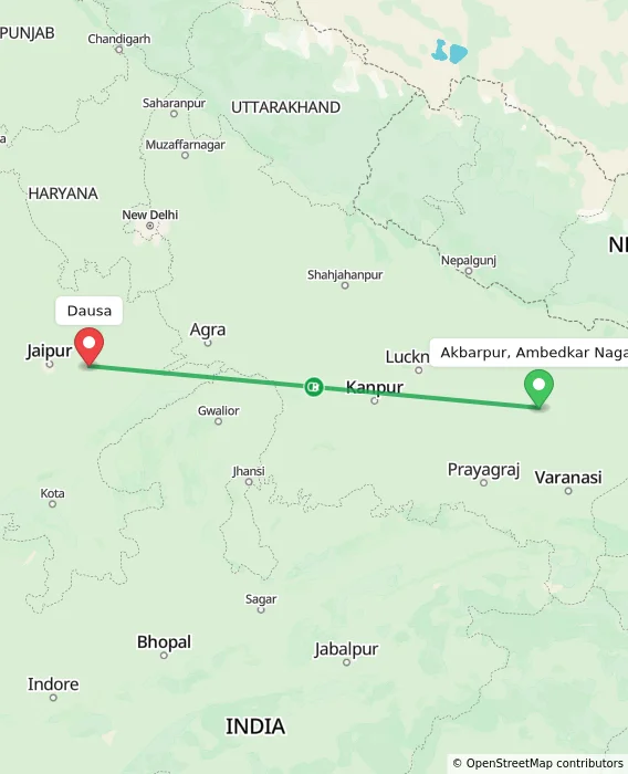 Route map showing distance and travel time from Akbarpur, Ambedkar Nagar, India to Dausa, India