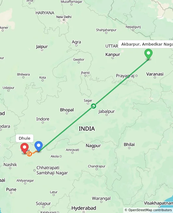 Route map showing distance and travel time from Akbarpur, Ambedkar Nagar, India to Dhule, India