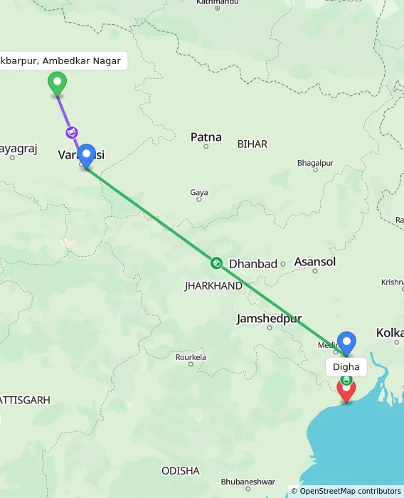 Route map showing distance and travel time from Akbarpur, Ambedkar Nagar, India to Digha, India