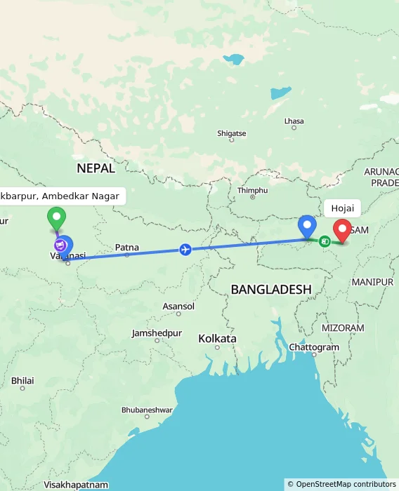 Route map showing distance and travel time from Akbarpur, Ambedkar Nagar, India to Hojai, India