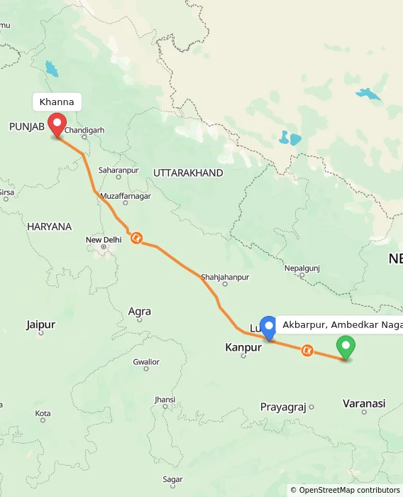 Route map showing distance and travel time from Akbarpur, Ambedkar Nagar, India to Khanna, India