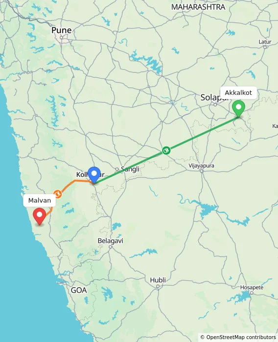 Route map showing distance and travel time from Akkalkot, India to Malvan, India