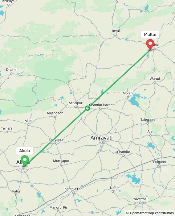 Route map showing distance and travel time from Akola, India to Multai, India