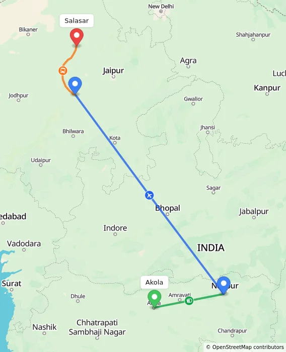 Route map showing distance and travel time from Akola, India to Salasar, India