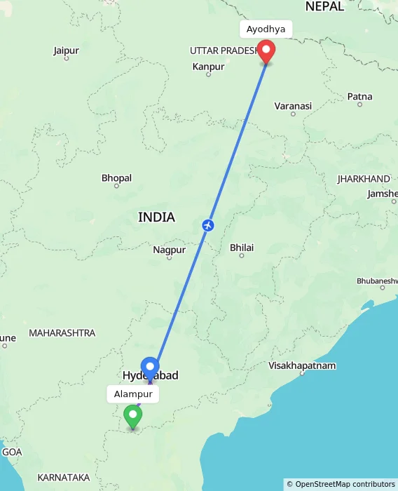 Route map showing distance and travel time from Alampur, India to Ayodhya, India